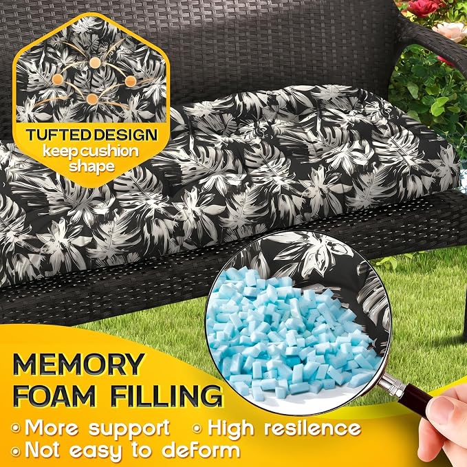MAGIC ELEPHANT Outdoor Bench Cushion, Memory Foam Loveseat Cushion for Patio Furniture Wicker Chair, Settee Porch Swing Seat Cushion, 44 x 19 Inches (Black Monstera)