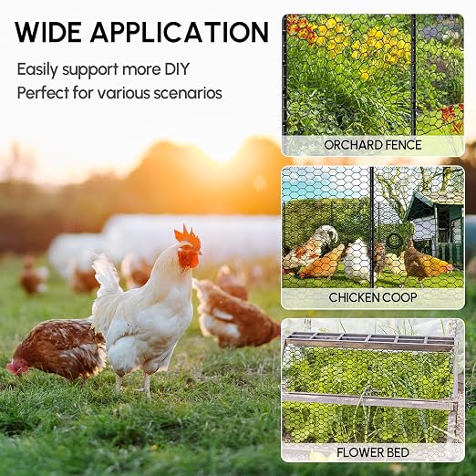 17in x 150ft Chicken Wire, Black Poultry Wire Netting, Hexagonal Galvanized Mesh, Outdoor Anti-Rust Surface Plastic Coating, Garden Fence Animal Barrier for Pet Rabbit Chicken Fencing