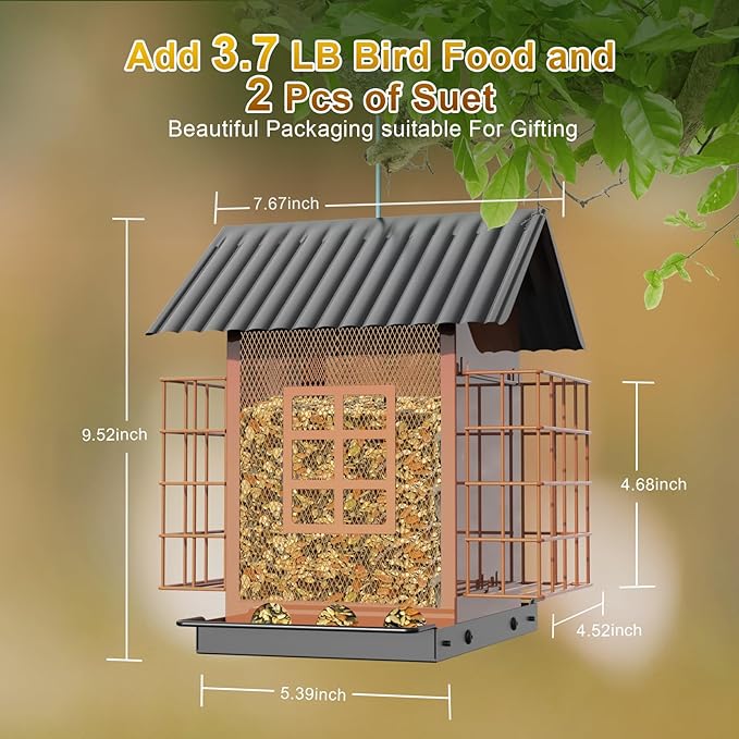 FlowaFoli Bird Feeders for Outdoors Hanging, Metal Bird Feeder with Double Suet Cage Cake, Large Capacity, Birdfeeders Sturdy & Weatherproof, Easy to Clean & Refill, Great for Attracting Wild Birds