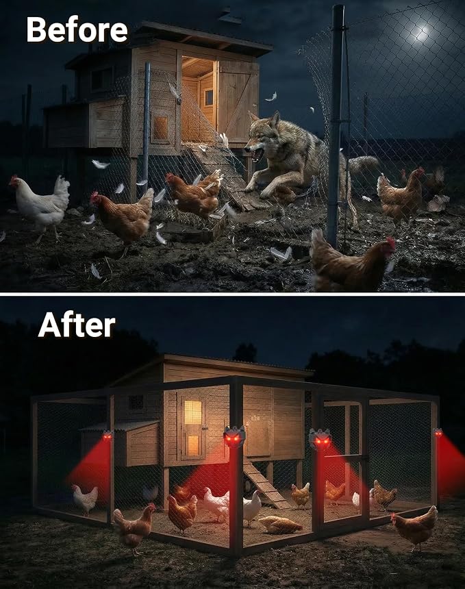 4 Pack Solar Nocturnal Animal Repeller with Dual Red LED Lights, Humane Coyote Deterrent for Fox Raccoon Skunk Deer, Waterproof Predator Lights for Chicken Coop, Farm & Garden (4, Black)