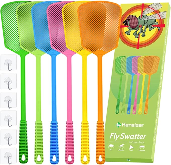 Kensizer 6-Pack Plastic Fly Swatters Heavy Duty, Multi Pack Matamoscas, Jumbo Long Handle Fly Swat Shatter Bulk, Large Bug Swatter that Work for Indoor and Outdoor