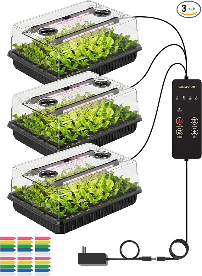 GLOWRIUM Seed Starter Tray with Grow Lights, 3 Pack 162-Cell Seed Starter Kit with 4.3" Humidity Dome, Indoor Seedling Starter Tray with 3/9/12/16h Timer, Adjustable Brightness Seed Starting Trays