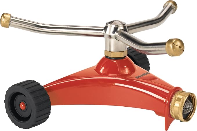 Dramm ColorStorm 3 Arm Whirling Sprinkler on 6" Wheeled Heavy Duty Metal Base, for Lawn, Yard, Garden and Large Area, Red, 70 Ft Diameter Reach