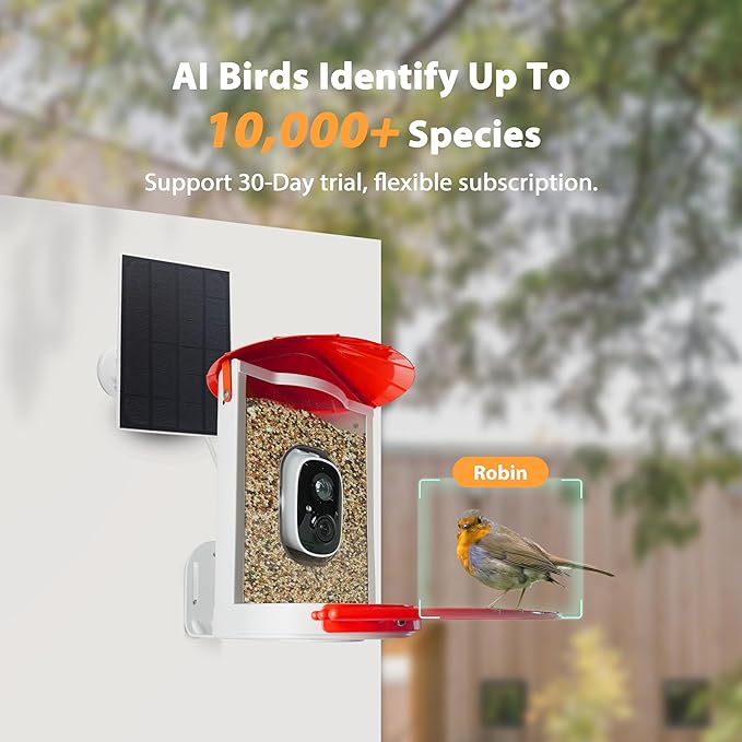 Smart Bird Feeder with Camera Solar, Auto Capture Bird Videos & Motion Detection, Birds Watching Camera Notify in Time, Metal Birds Feeder with Seed Guard, Ideal Present for Mom (Red)