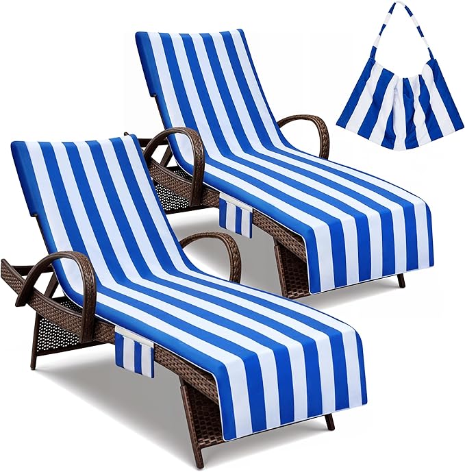 Lounge Chair Towel Covers, 2 Pack Outdoor Chaise Lounge Slipcover, 83" X 29" Stripe Microfiber Beach Chair Cover, Soft Absorbent Chaise Cover with Pockets for Pool Garden Patio, Navy Blue
