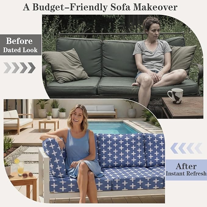 8 Pack Outdoor Cushion Covers Water Resistant High Stretch Fit Patio Cushion Covers 180g Couch Seat Slipcovers Machine Washable Pet & Kids Friendly Home Refresh 20-27 Inch, Navy Cross