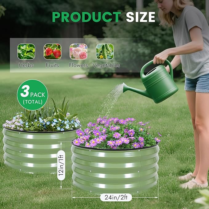 INNO STAGE 3 Pcs Round Galvanized Raised Garden Bed — 2×2×1ft Planter Box Outdoor Raised Beds Kit for Gardening Vegetables, Fruits, Herbs, and Flowers, Olive Green