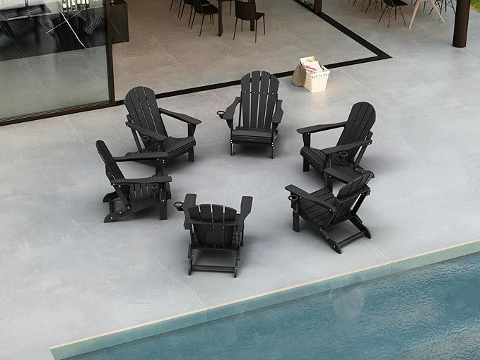 Ciokea Folding Adirondack Chair 6 Pack, Patio Adirondack Chair Weather Resistant, Plastic Fire Pit Chair with Cup Holder, Lawn Chair for Outdoor Porch Garden Backyard Deck (Black)