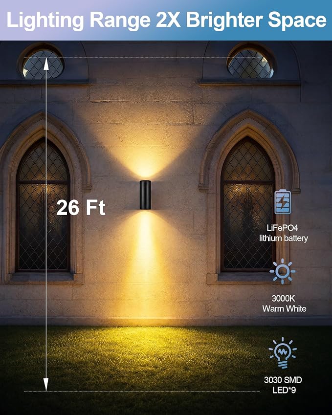 pearlstar 2 Pack Solar Wall Lights Outdoor Dusk to Dawn Solar Sconces Lights, Up & Down Warm White Glow IP65 Waterproof Wall Mount Lamp for Outside Garage Fence Patio Porch Yard