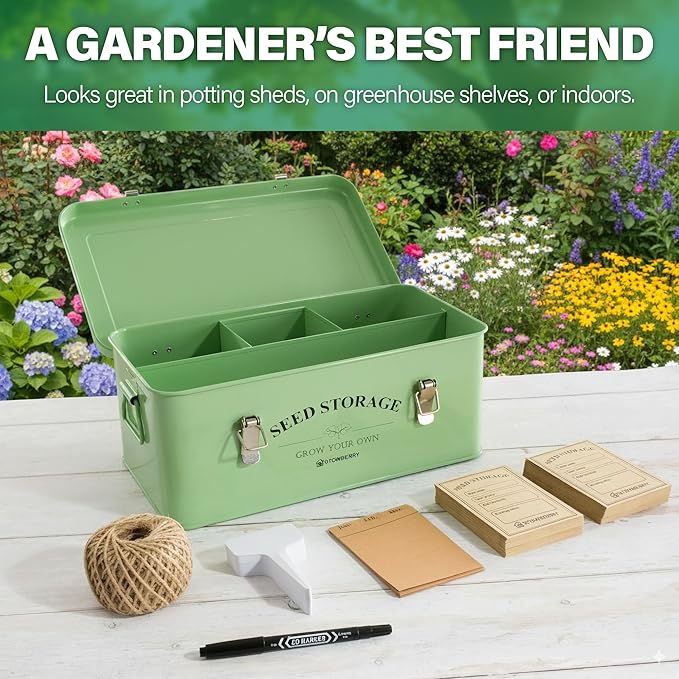 Seed Storage Box Organiser – Green Garden Seeds Tin with Lid, Side Handles, 4 Compartments & Safety Lock – Seed Packet Container for Gardeners – Gardening Gift Idea with Over 200 Accessories