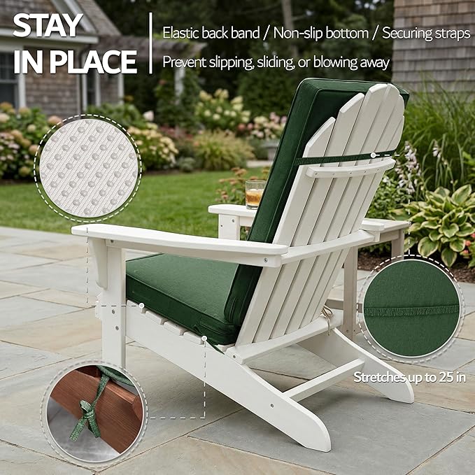 Adirondack Chair Cushions Set of 2 - Removable Covers, Water-Repellent & Fade-Resistant Faux Linen, Securing Straps, Non-Slip Bottom, Fit for Most Outdoor Adirondack & Rocking Chairs - Olive Green