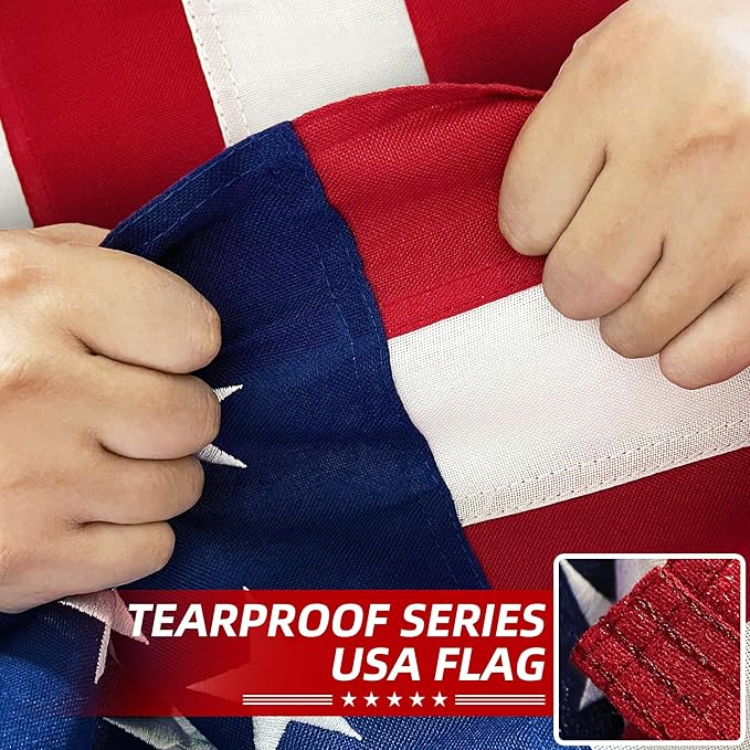 Premium American Flag 6x10 Ft TearProof Series for Outside, Heavy Duty Outdoor，Longest Lasting, Super Tough Fade Resistant Spun Polyester, High Wind US Outdoor Flags Embroidered Stars, Sewn Stripes, Brass Grommets