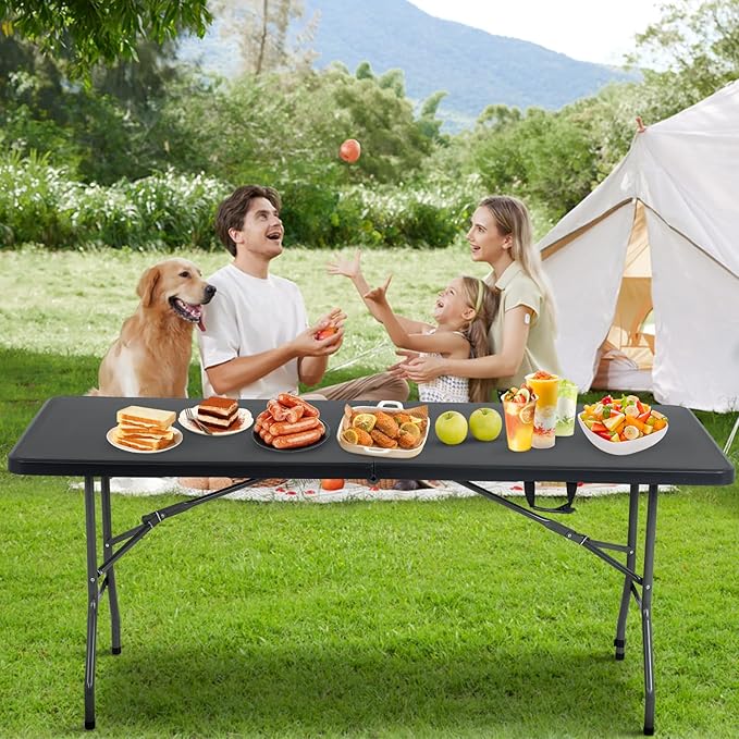 BestOffice Outdoor 6 FT Folding Camping Table Plastic Table Portable Square Height Dining Table Perfect for Picnics, Parties, Party and Camping, Black