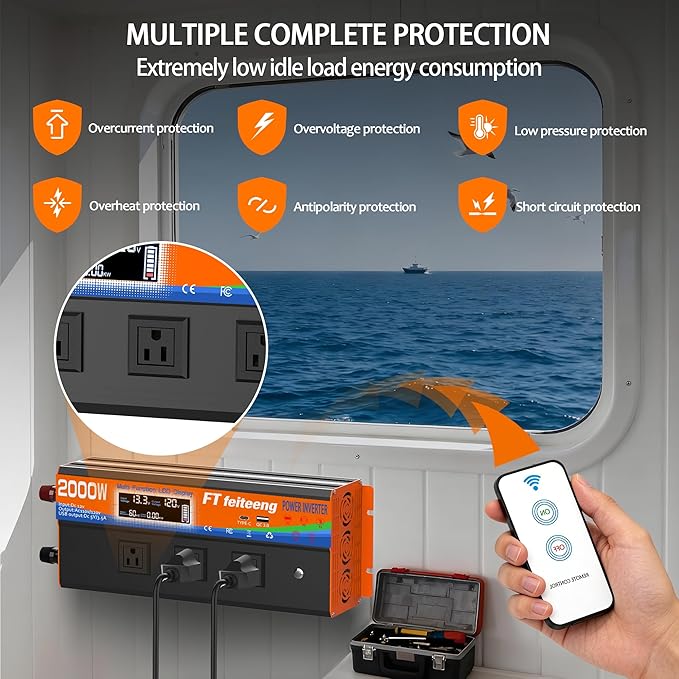 2000W Power Inverter 12v DC to 110v 120v AC with Remote 3 AC Outlets, USB Port, Dual Smart Fans, Cables Included LCD Display for Vehicle for RV Truck Camping & Home Emergency Use