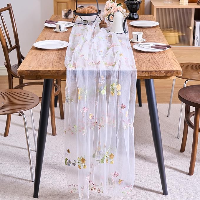 vctops 2 Packs Embroidery Lace Spring Table Runner 10ft Floral Garden Seasonal Tulle Table Runner Holiday Kitchen Dining Table Decoration for Wedding Party Baby Shower Birthday (White,30"x120")