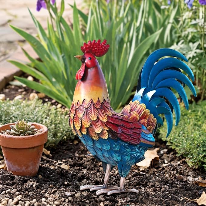 Kircust Metal Rooster Statue 13.4" Weatherproof Garden Decor | Outdoor Garden, Lifelike, Weatherproof Rustproof, Farmhouse Chicken Sculpture, Patio Yard Decor