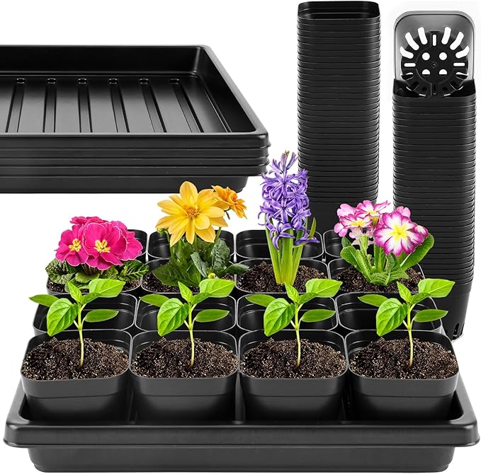 100 Pics Nursery Pots with 5 Pics Sturdy Seedling Trays, Space-Saving Gardening Kit for Indoor and Outdoor Use