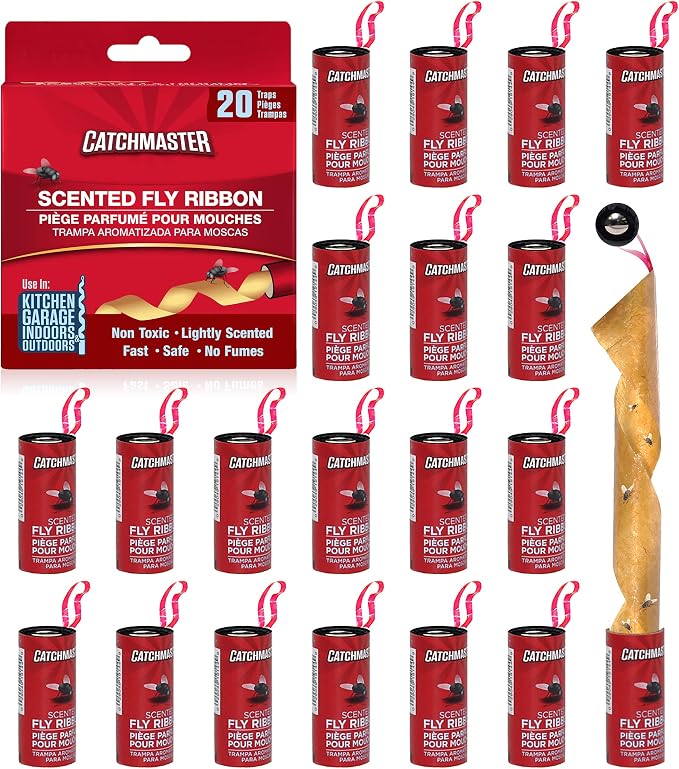Catchmaster Fly Trap Bundle, Fly Ribbon 20-Pack & Fly Bag 4-Pack, Fruit Fly Traps for Indoors & Outdoors, for Garage, Backyard, Pool, Patio & Camping