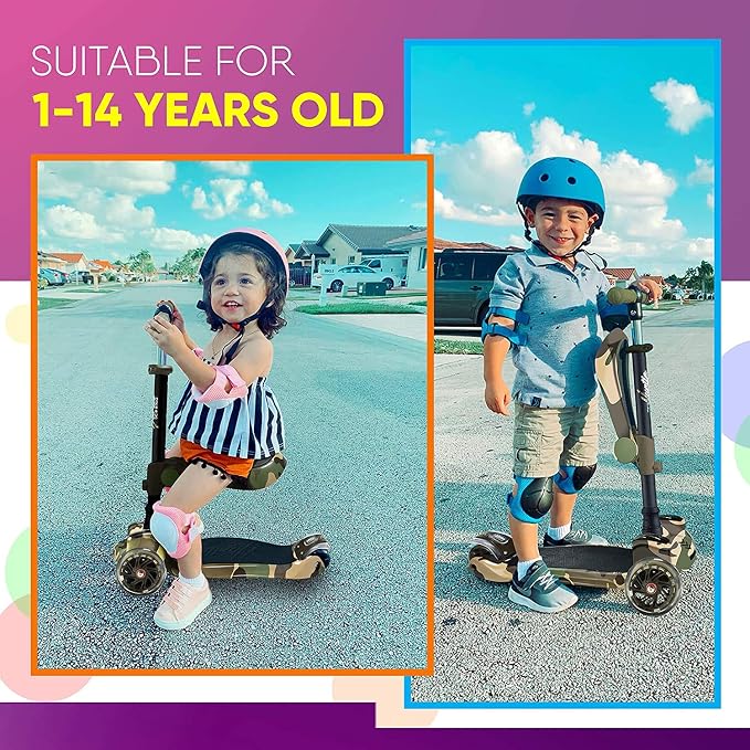 Hurtle 3-Wheeled Scooter for Kids - Wheel LED Lights, Adjustable Lean-to-Steer Handlebar, and Foldable Seat - Sit or Stand Ride with Brake for Boys and Girls Ages 1-14 Years Old