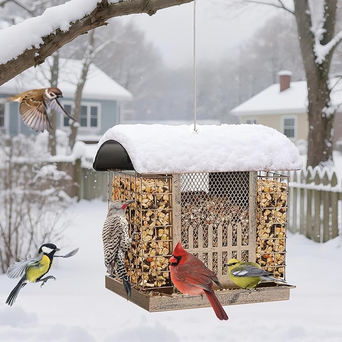Suet Bird Feeder Outdoor Hanging with 2 Metal Mesh Cages - Attracts Woodpeckers, Finches, Sparrows - Wild Bird Feeder for Garden, Yard Decoration or Gift