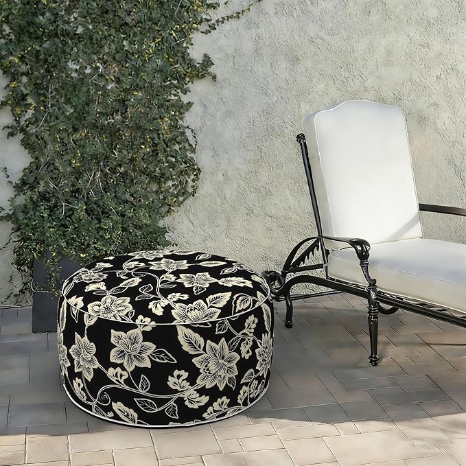 LVTXIII Indoor/Outdoor Large Inflatable Ottoman Pouf D31 x H14 Inch, Round Footstool with Handle, Weather-Resistant Portable Furniture for Patio, Camping, Beach, Elegant Vines Black