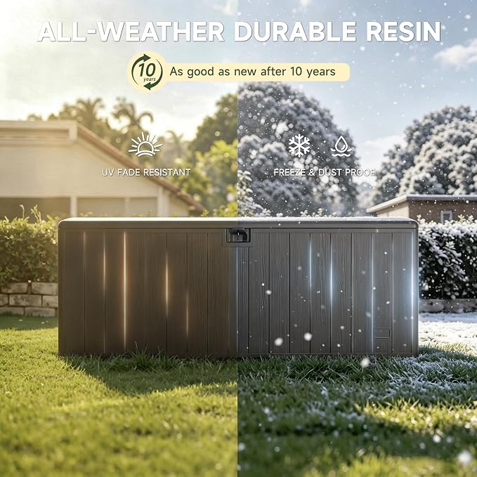 Deck Box, Waterproof Resin Outdoor Storage Box with Double-Layer Lockable Lid, UV-Resistant Storage for Patio, Pool, Garden & Backyard, 200 Gallon, Brown