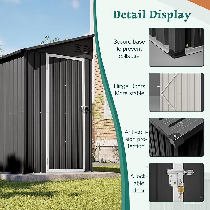 YOPTO 4×8 FT Lean to Metal Shed,Outdoor Heavy-Duty Storage Shed with Floor Base,All Weather Waterproof Garden Tool House W/Lockable Door&2 Air Vent,Reversible Door Design,for Backyard,Patio,Lawn,Black