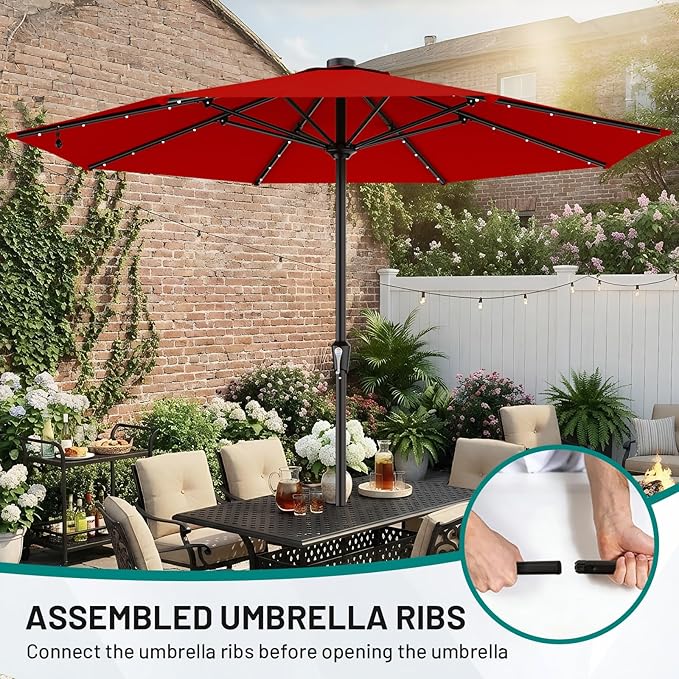 AreShark 11FT Large Patio Umbrella with Solar Lights, Lighted Solar Umbrella with Crank, Outdoor Table Market Umbrellas for Garden, Deck, Backyard, Pool and Beach, Red