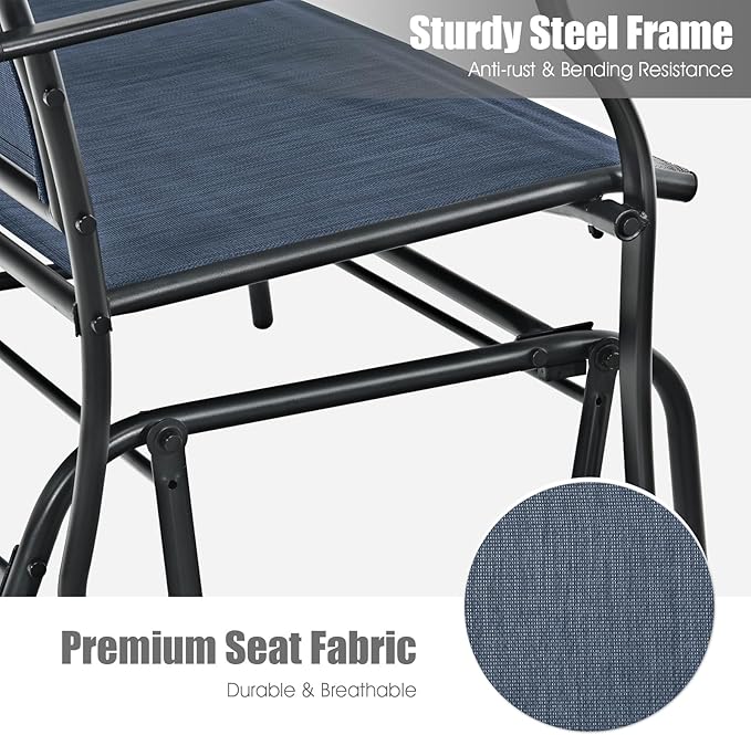 Giantex Outdoor Glider Bench, Patio Glider Bench for Outside, Steel Frame, 400 Lbs Capacity, Ergonomic Swing Rocking Chair Loveseat, 2-Person Porch Swing Rocker for Backyard, Lawn, Balcony, Dark Blue