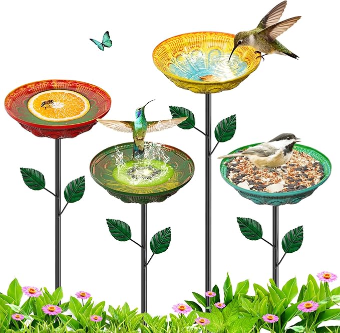 4PCS Metal Bird Bath for Outdoors with Stake, 2-in-1 Hummingbird Bird Bath & Bird Feeder, Metal Birdbath Bowl, Outdoor Bird Bath Decor for Garden Yard Lawn Backyard Patio (Datura)