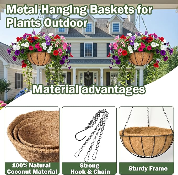 4 Pack 14 Inch Hanging Baskets for Plants Outdoor Metal Hanging Planter Basket with Coco Coir Liner Hanging Flower Baskets Hanging Flower Pots Holder for Garden, Patio(Watermelon)