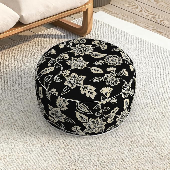 LVTXIII Indoor/Outdoor Large Inflatable Ottoman Pouf D31 x H14 Inch, Round Footstool with Handle, Weather-Resistant Portable Furniture for Patio, Camping, Beach, Elegant Vines Black