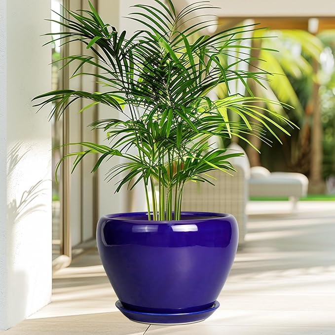 Ceramicfor Ceramic Planter 10 Inch - Indoor Plant Pot for Plants with Drainage Hole and Saucer Large Planter Round Outdoor Flower Pot Mid-Century for House Patio Decor Blue
