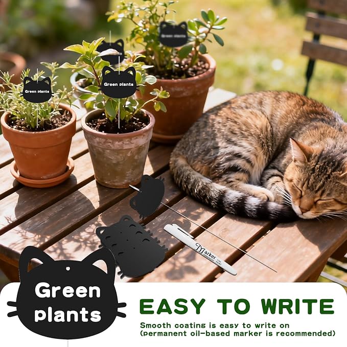 25-Pack Iron Metal Cute Cat's Head Shaped Garden Markers Weatherproof Metal Plant Labels Large Planting Seedling Stake Signs, Seedlings Herbs Vegetable Greenhouse Gifts with White Marker Pen Labels