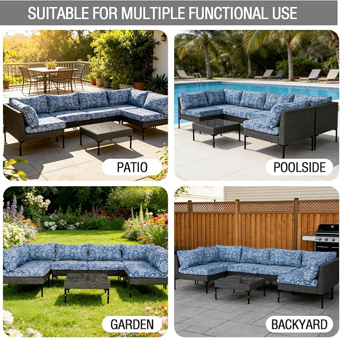 14Pieces Patio Cushion Covers Replacement Outdoor Water-Resistant Couch Covers Splashproof UV-Resistant Furniture Protectors Cushion Sofa Slipcovers Set with Zippers,Cover Only