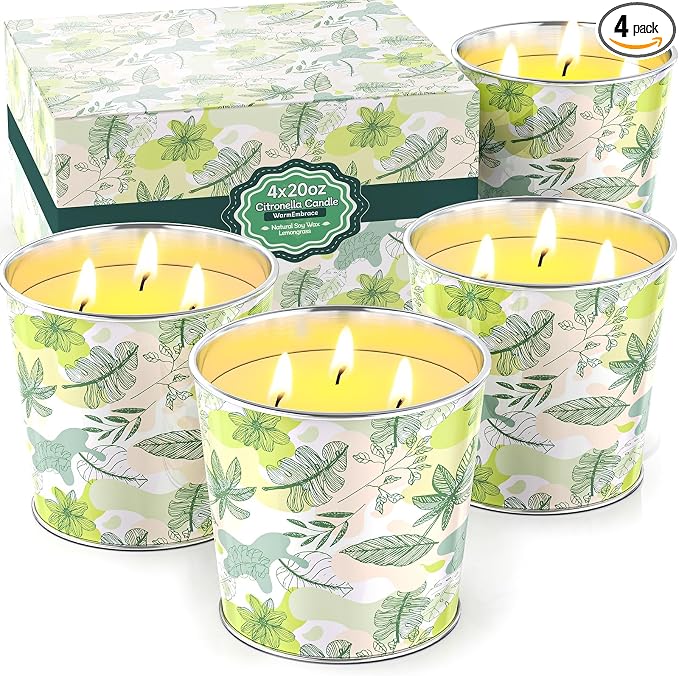 WarmEmbrace Citronella Candles Outdoor & Indoor, Large Citronella Candle 400H Burning Long Lasting, 4 Pack 20oz Soy Scented, 3-Wick Natural Soy Wax for Patio, Garden, Backyard, Camping, Cookout