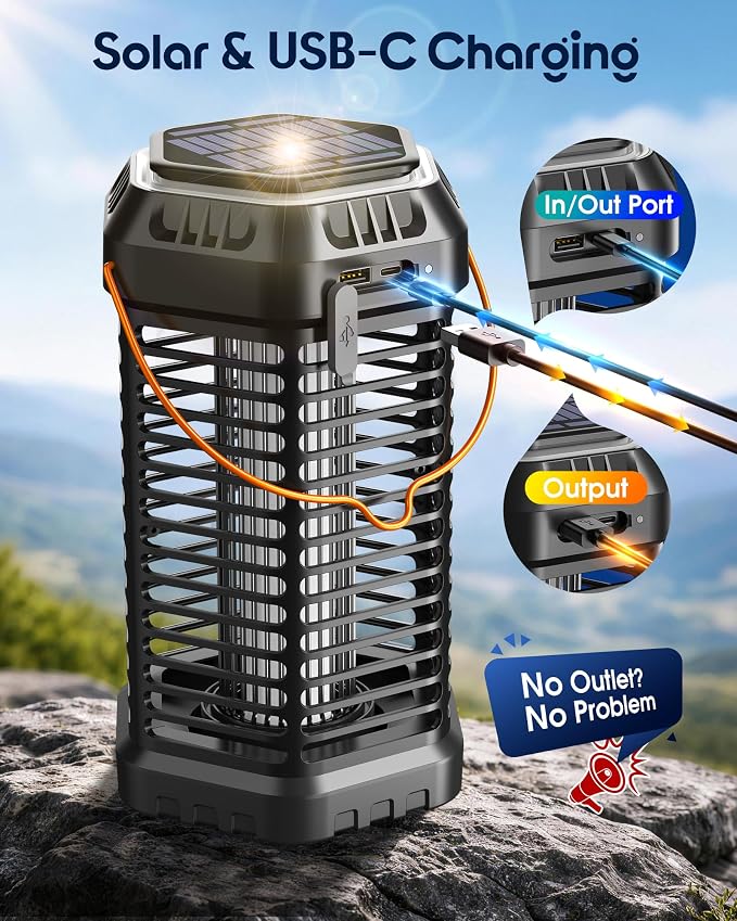Solar Bug Zapper Outdoor, Rechargeable Mosquito & Fly Zapper with Auto ON/Off, 6000mAh Long-Lasting, Foldable Camping Light, Solar & USB Powered Bug Zapper for Patio, Camping & Indoor Use