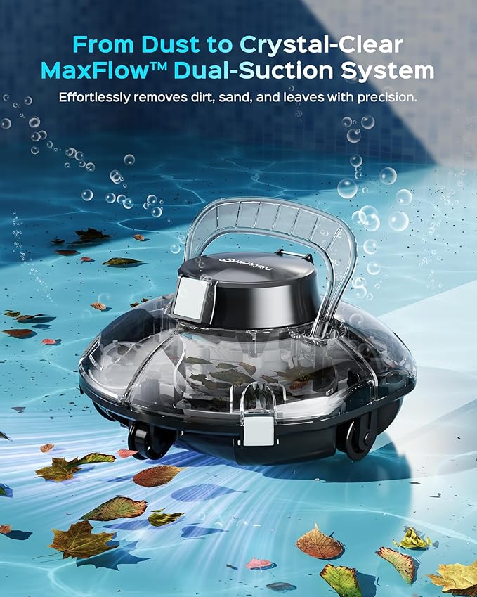 Cordless Robotic Pool Cleaner, Lasts 80 Min, Automatic Vacuum for Above-Ground Pools up to 650 Sq.ft,Portable, Self-Parking,Transparent Black White