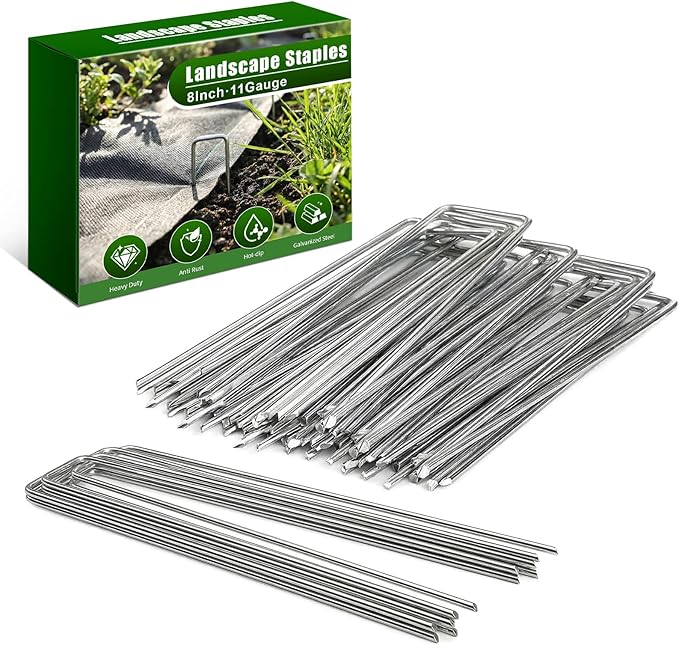 HOOPLE 50 Pack 8 Inch Landscape Staples 11 Gauge Heavy Duty Galvanized Garden Stakes, Sod Pins for Securing Weed Barrier Fabric, Artificial Turf, Drip Irrigation, Lawn Edging & Outdoor Ground Cover