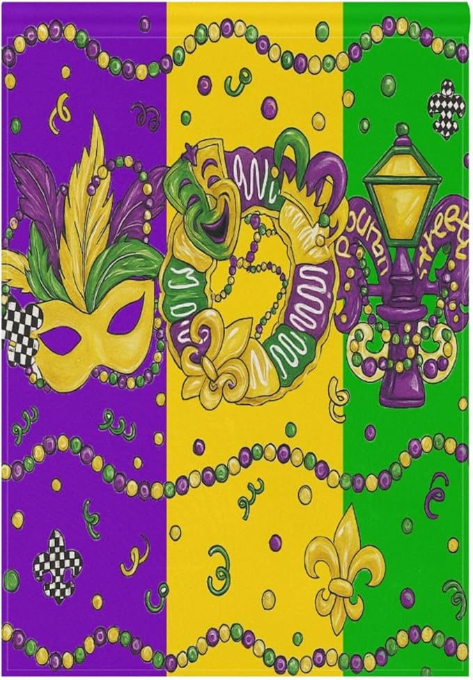 Happy Mardi Gras House Flag 28x40 Inch Double Sided Outside Fleur de Lis Masquerade Mask Carnival Seasonal Yard Outdoor Flag Banner for Garden Lawn Patio Holiday Decorations