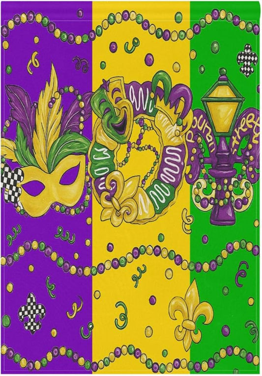 Happy Mardi Gras House Flag 28x40 Inch Double Sided Outside Fleur de Lis Masquerade Mask Carnival Seasonal Yard Outdoor Flag Banner for Garden Lawn Patio Holiday Decorations
