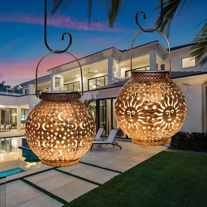 Go2garden 2Pack Solar Lanterns Outdoor Waterproof Mothers Day Gifts for Mom Moon Star Sun Solar Lights for Balcony, Yard,Birthday Gifts for Women Grandma Wife (Bronze)