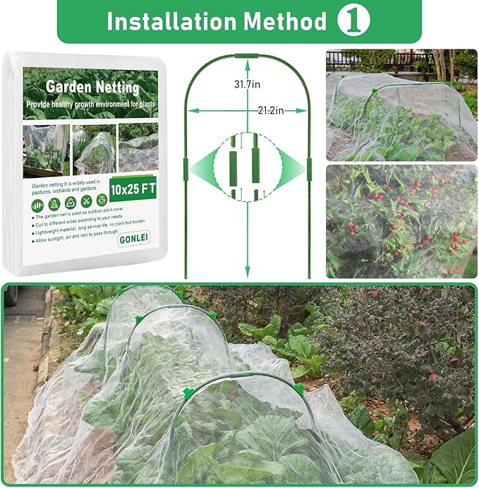 GonLei 10x25FT Garden Mesh Netting Kit Raised Beds (6 Pcs Garden Hoops & 18 Clips) Garden Hoops Plant Row Covers Netting Protection Berry Bush Trees Grass Seed Barrier Net