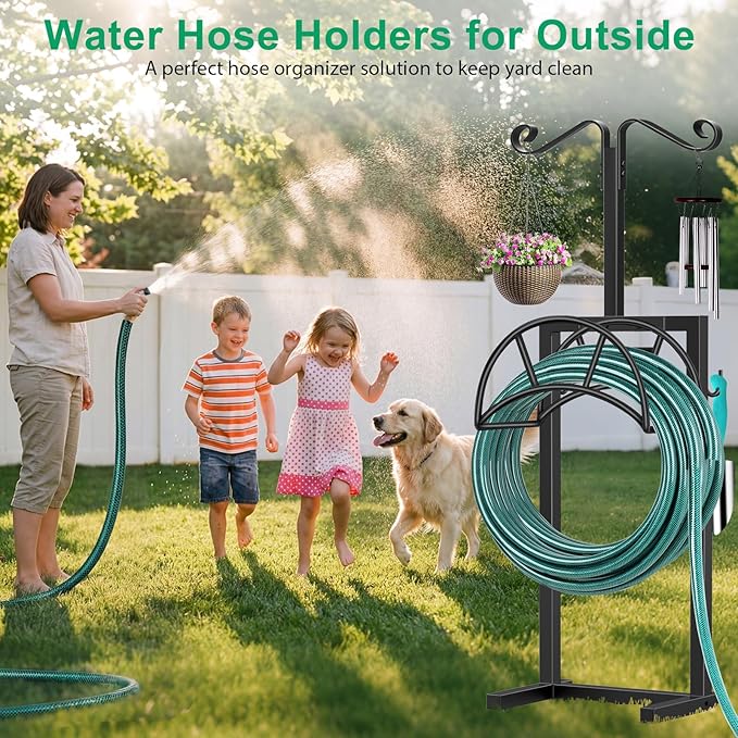 TomCare Garden Hose Holder 4 Spikes Garden Hose Reel Hose Stand Upgraded Water Hose Storage with Tool Hooks Garden Hose Hanger Organizer Holds 160ft Hoses for Outside Yard Lawn, Black
