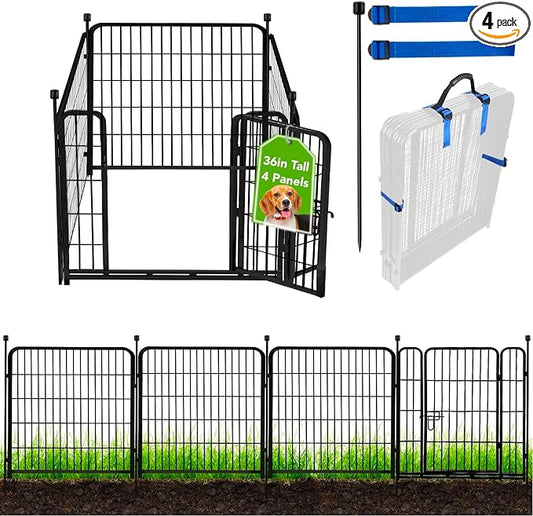 ADAVIN Tall Garden Fence with Gate, 36 in(H) 4 Panels Heavy Duty Iron Metal Animal Barrier Fence, Fence Blocker for Dogs, Portable Temporary Fencing. Total 9 Ft(L). Black