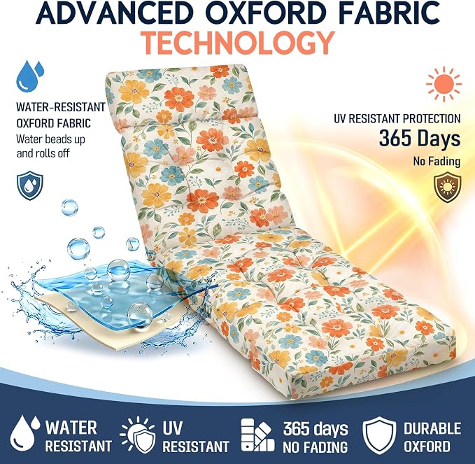 MAGIC ELEPHANT Chaise Lounge Cushion Outdoor, Memory Foam Patio Lounge Chair Cushion with Ties for Outdoor Furniture, 74 x 22 x 4 Inch (Multicolor Floral)