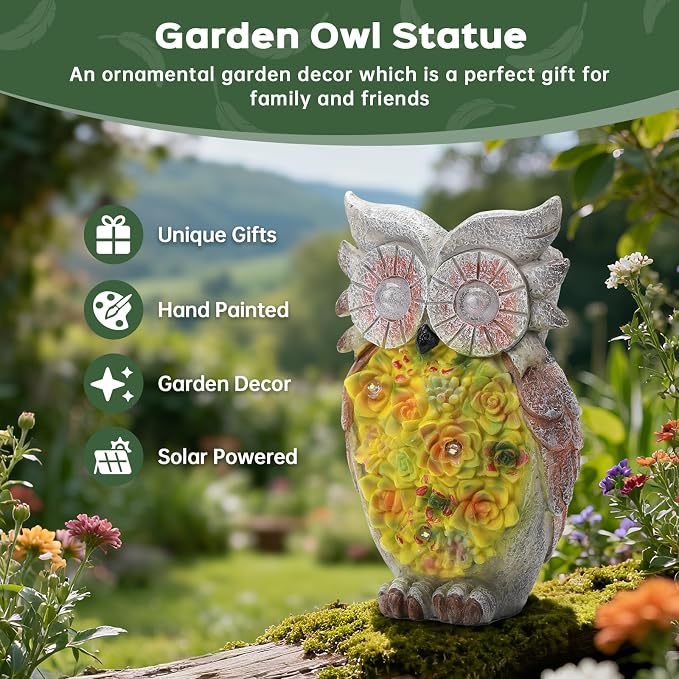 Solar owl Garden Statues Outdoor Decor, Resin Owl Figurine Decorations with Solar Light, Whimsical Owl Sculpture for Patio, Balcony, Yard, Lawn Ornament, Perfect Garden