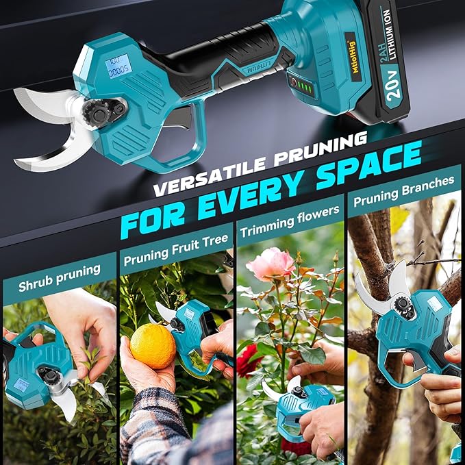 MtiolHig Electric Pruning Shears, 0.8-2 Inch Cutting Diameter Brushless Electric Pruner with 2 x 2.0Ah Rechargeable Batteries, Cordless Electric Scissors - with LCD Display for Tree Branch