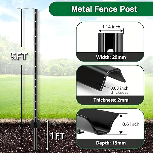 Gtongoko 10 Pack 5FT Heavy Duty Metal Fence Posts, Black U Channel No Dig Fence Stakes with Anchor Plate, 14 Gauge Steel Posts for Wire Fencing, Garden Protection, Animal Barrier, Yard & Farm Boundary