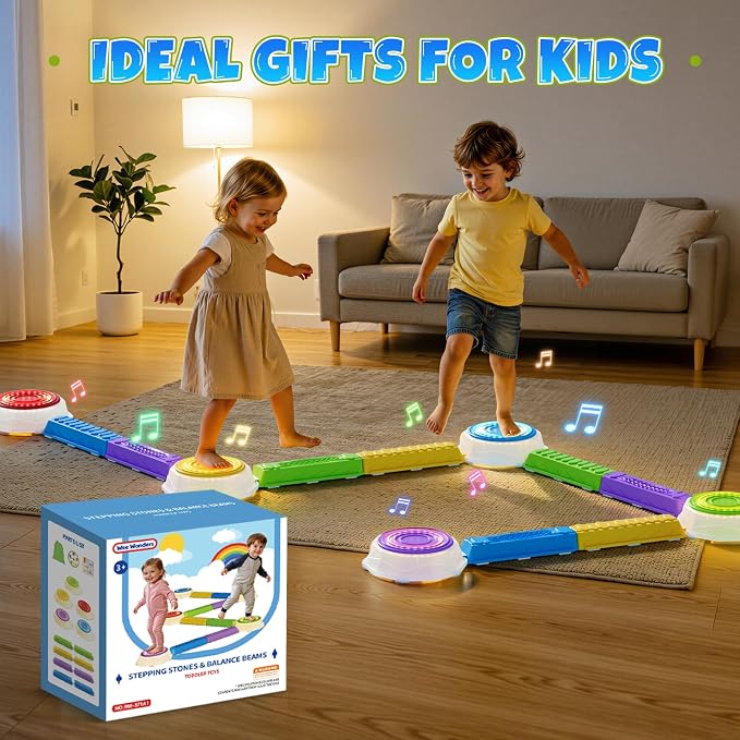 Wee Wonders Light Up Stepping Stones & Balance Beam for Kids, Step Stones with Piano Music, Game Spinner & 30 Cards, Non-Slip Sensory Obstacle Course Toys, Indoor Outdoor Gifts for Toddlers 3-5